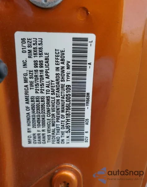 2006 Honda Element Ex from USA, damaged, VIN 5J6YH18766L005109